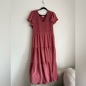 Mauve Dress with Smocked Bodice and Flutter Sleeves